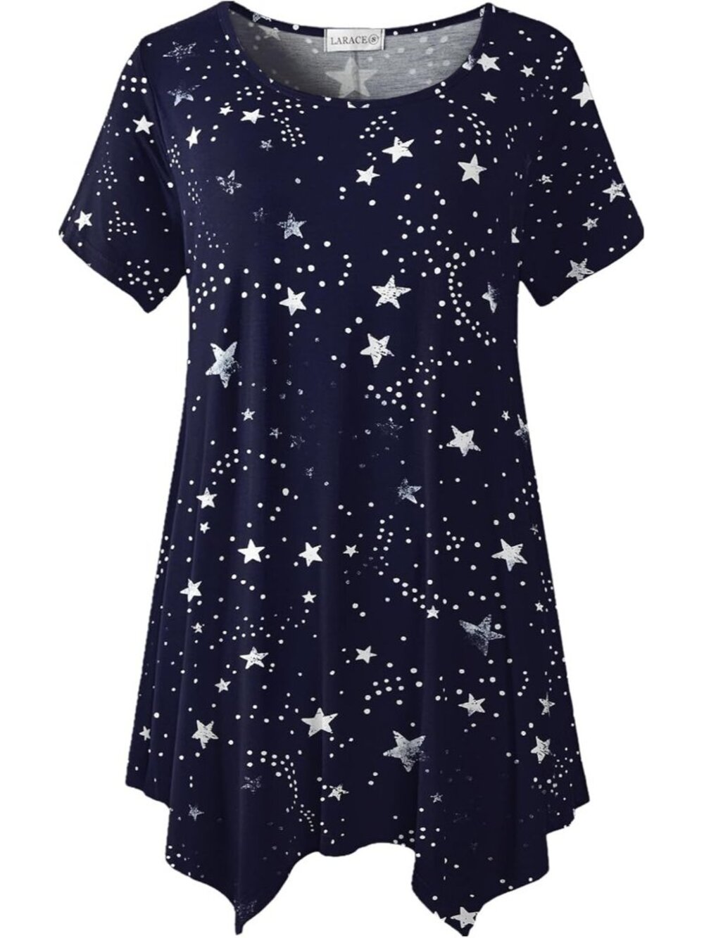 〽️Women Stars Bluewhite Short Sleeve Asymmetrical Tunic Casual Summer Blouse Top
